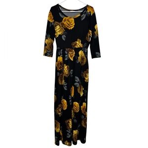 Reborn J Bold Floral Modest Maxi Dress Size L Yellow Black Fall Jersey Knit